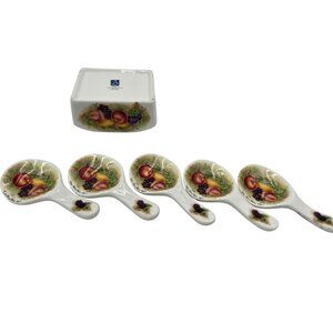 Set Of 6 Miniature Ultra Bone China Fruit Design Spoon Rests Holder